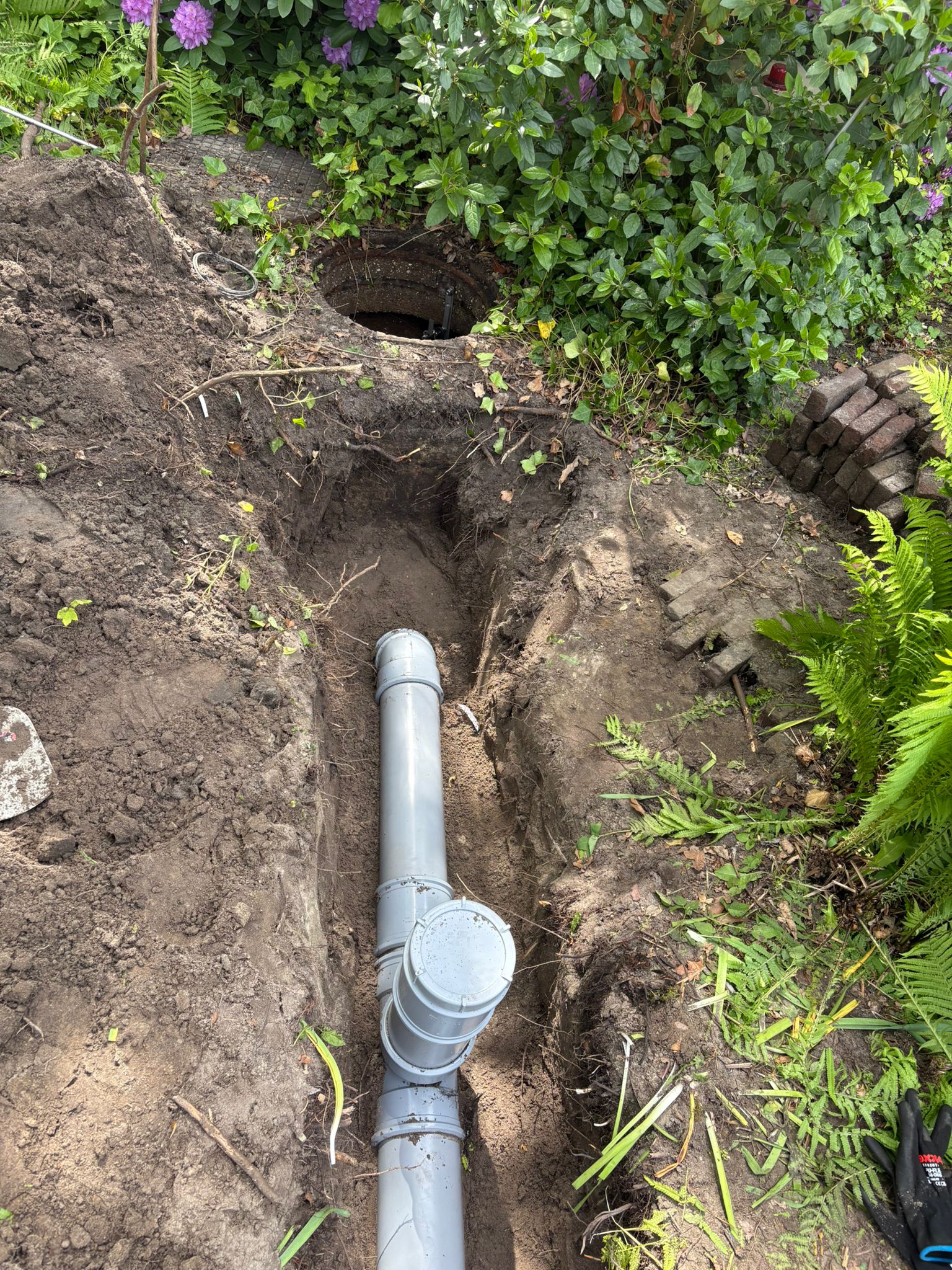 Rioolaansluiting op bestaande put met nieuwe PVC-leiding in Warmond